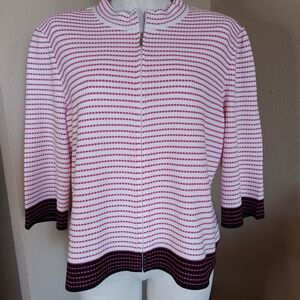 Ming Wang White, Pink and Navy Cardigan with Striped Pattern